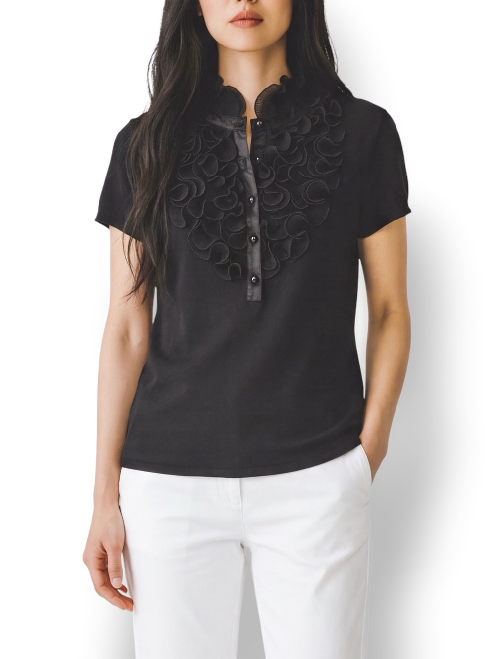 4/$20 Adrienne Vittadini Large Black Rosette Ruffle Short Sleeve Knit Top